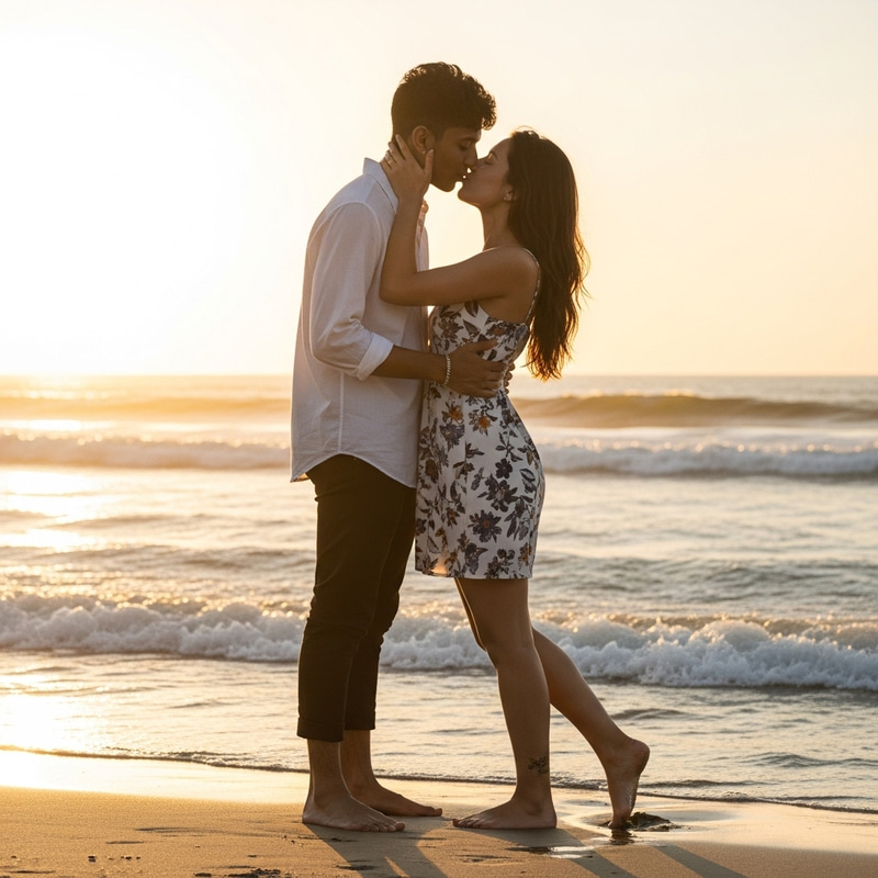 Young South Asian Musician Kissing Female on Tropical Beach Young South Asian Musician Kissing Female on Tropical Beach