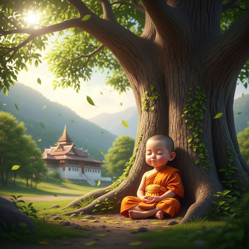 Tranquil Meditation of Young Buddhist Monk in Natural Setting Tranquil Meditation of Young Buddhist Monk in Natural Setting