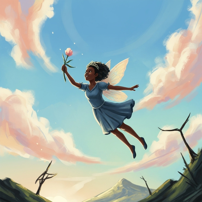 African Princess Child Fairy in Dreamy Pastel-Colored Sky African Princess Child Fairy in Dreamy Pastel-Colored Sky