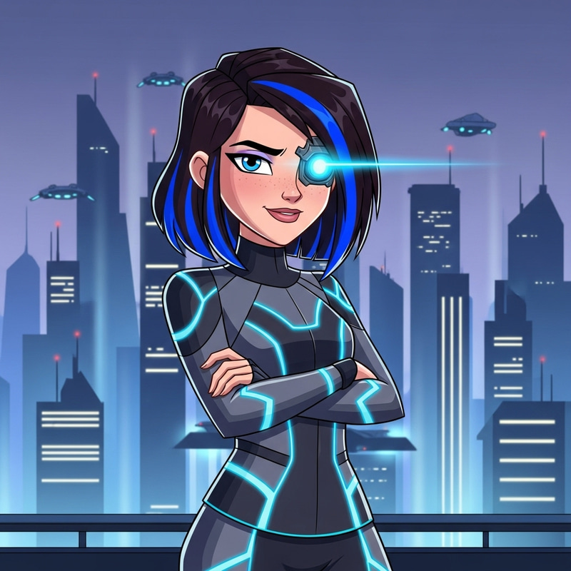 Futuristic Girl with Dark Brown Hair, Blue Streaks & Bionic Eye