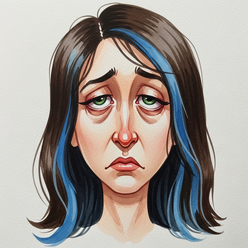 Realistic Tired Brunette Woman with Blue Highlights Watercolor Clipart Realistic Tired Brunette Woman with Blue Highlights Watercolor Clipart