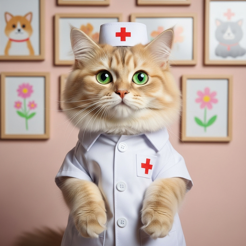 Fluffy Cat Nurse in White Uniform - Adorable Feline in Pretend Play