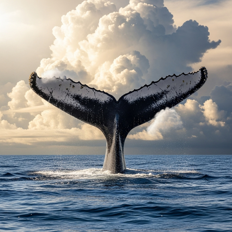 Whale Tail Diving into Clouds | Mystical Aquatic Scene Whale Tail Diving into Clouds | Mystical Aquatic Scene