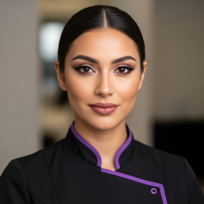 Female Beauty Therapist in Black and Purple Uniform: Expert Makeup & Confidence