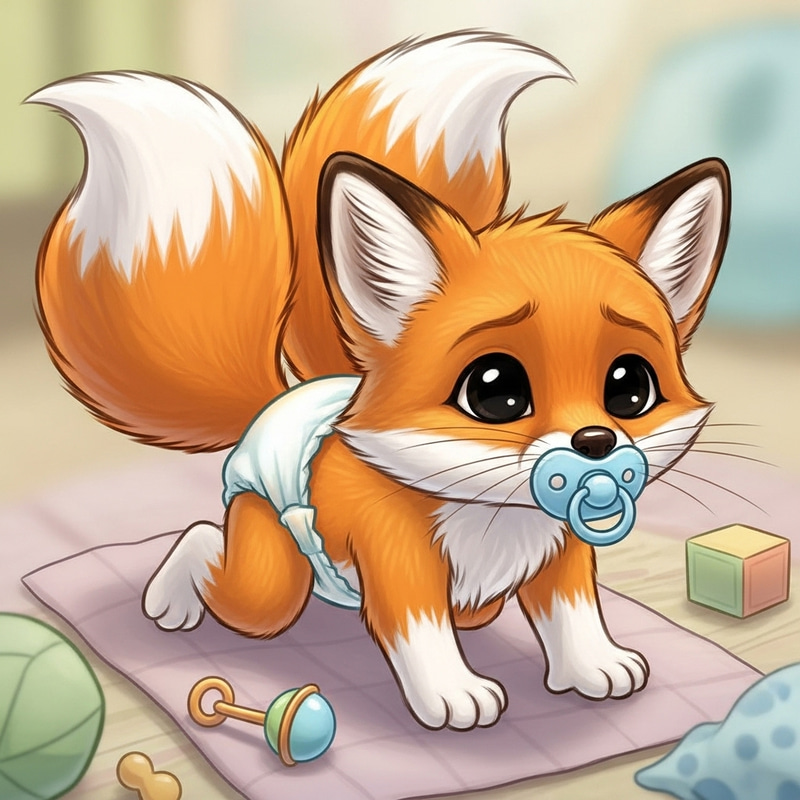 Adorable Two-Tailed Fox Newborn in Diapers and Pacifier Crawls
