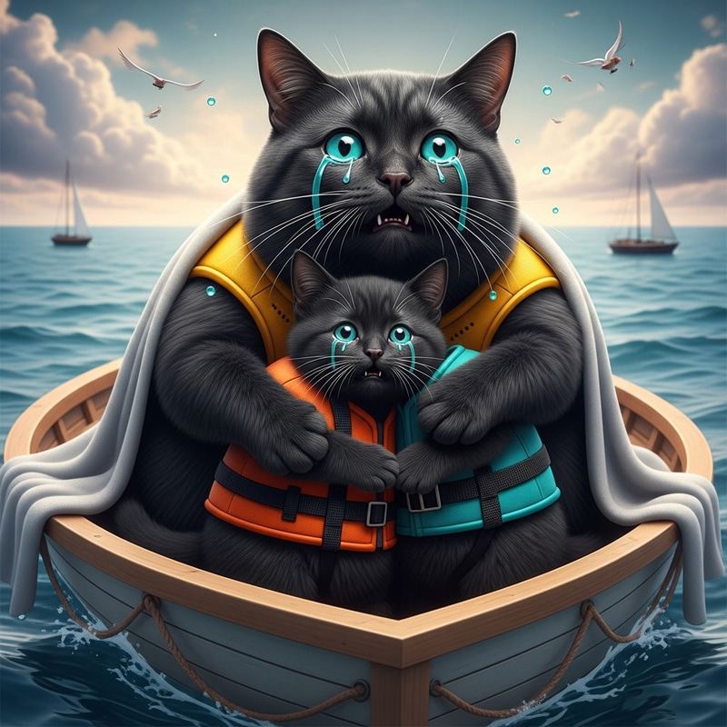 Black Cat and Kitten in Ocean Rescue: Emotional Realism