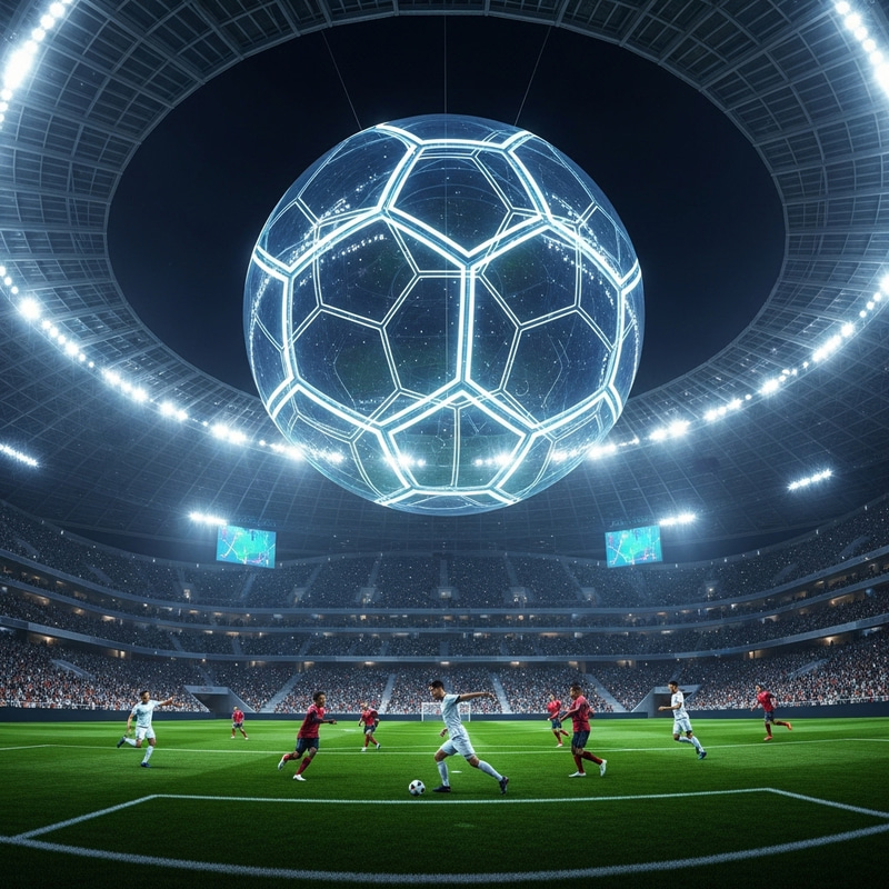 Dynamic Night Game at Futuristic Soccer Stadium with LED-lit 50ft Glass Soccer Ball Dynamic Night Game at Futuristic Soccer Stadium with LED-lit 50ft Glass Soccer Ball