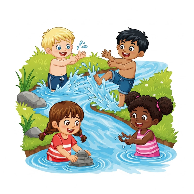 Cheerful Cartoon Kids Enjoying Water Play Cheerful Cartoon Kids Enjoying Water Play