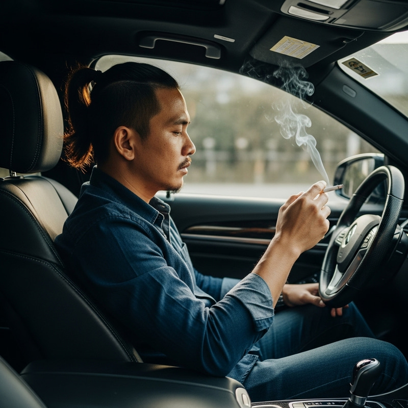 Filipino Man with Ponytail Smoking in Car - Stylish Scene