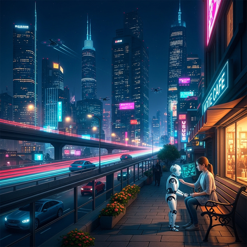 Tranquil Oasis in Futuristic Cityscape | Night Scene