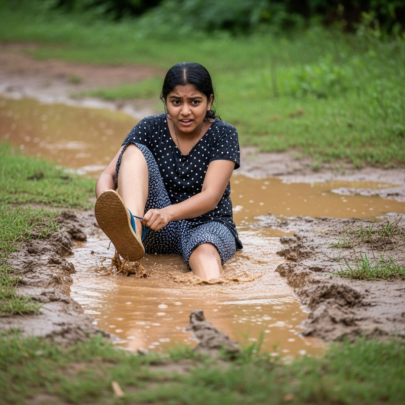 South Asian Girl Stuck in Mud | Shocked Flip-Flops Scene