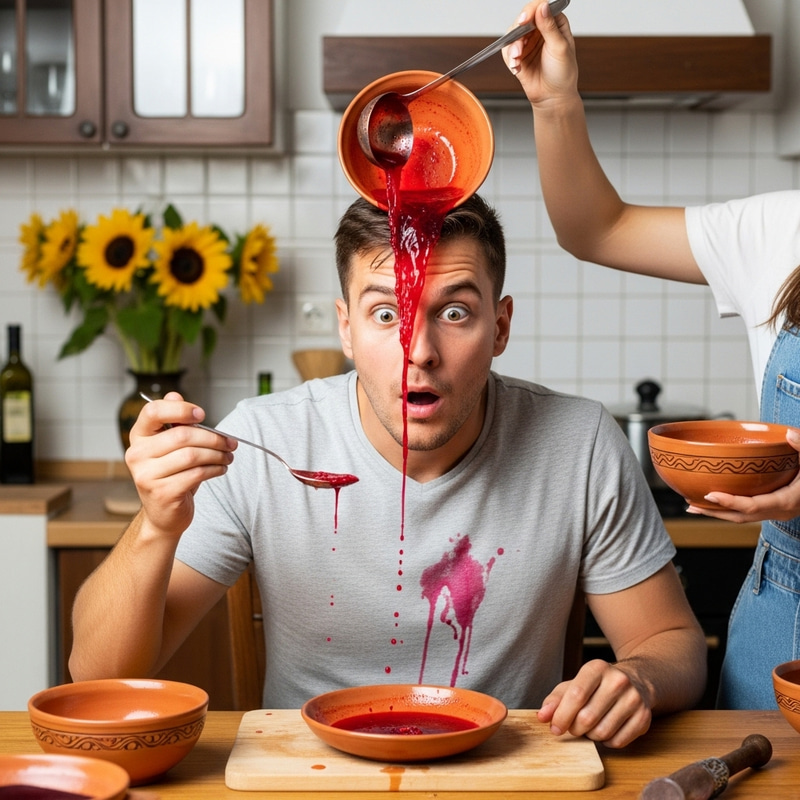 Funny Borscht Mishap: Caucasian Man Surprised with Soup on Head