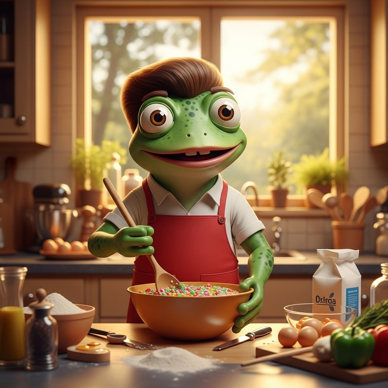 Pepe Frog Cooking in 80s Style Kitchen Scene