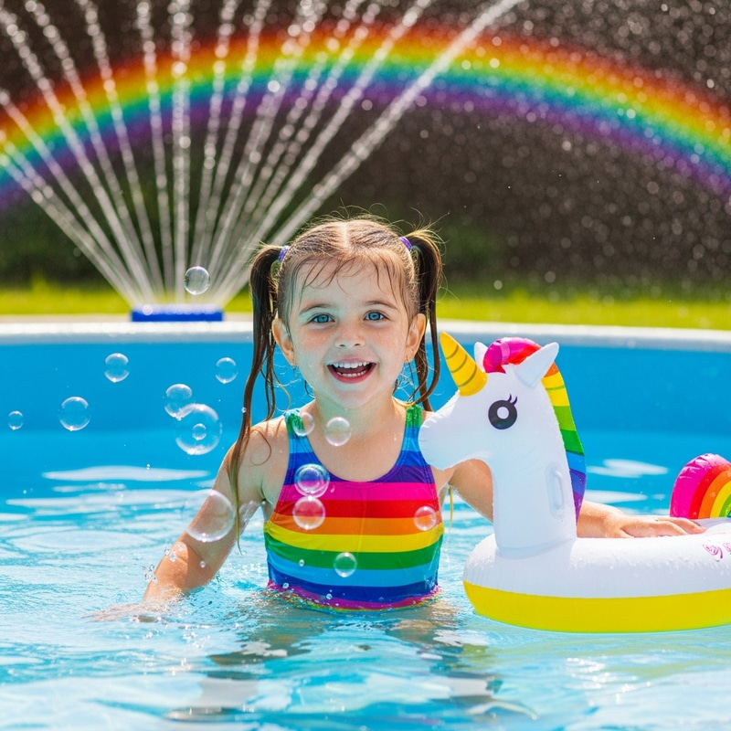Playful Kid Splashing in Garden Pool - Fun and Colorful Scene Playful Kid Splashing in Garden Pool - Fun and Colorful Scene