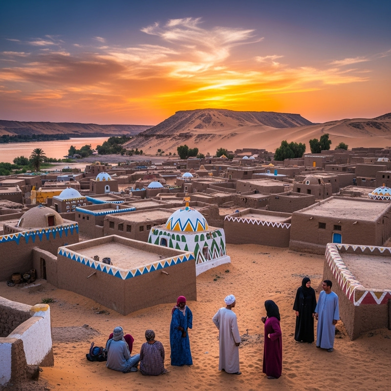 Nubian Village at Sunset: Enchanting Architecture & Nile Views Nubian Village at Sunset: Enchanting Architecture & Nile Views