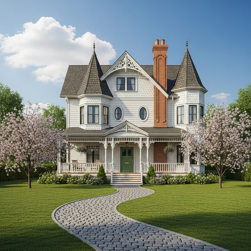 Picturesque Victorian House at End of Cobblestone Path