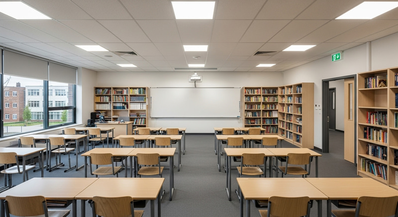 Modern School Classroom View with Whiteboard and Bookshelves Modern School Classroom View with Whiteboard and Bookshelves