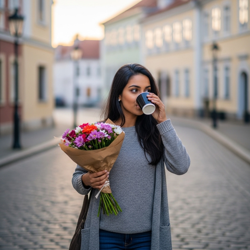 Beautiful Girl Enjoying Coffee with Flowers