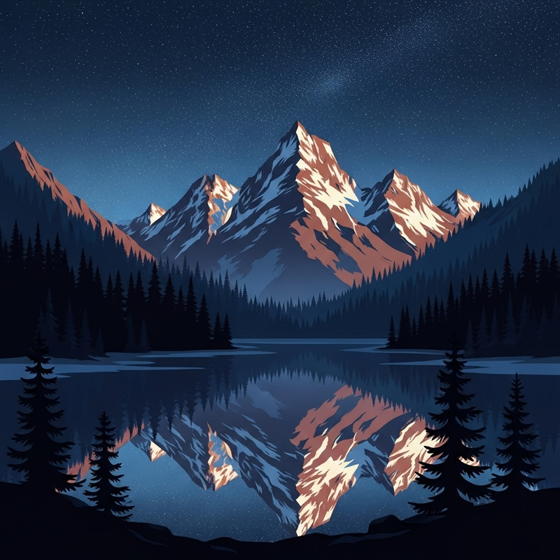 Enchanting Mountain Panorama with Starlit Sky, Lake, and Forest