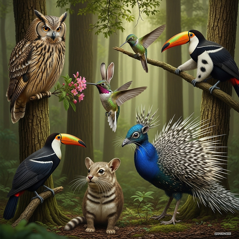 Avian-Mammal Hybrid Birds in Surreal Style Avian-Mammal Hybrid Birds in Surreal Style