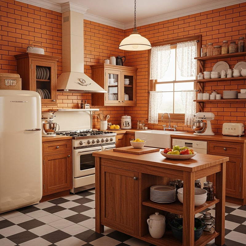 Vintage-Style Kitchen with Orange Bricks and Classic Furniture Vintage-Style Kitchen with Orange Bricks and Classic Furniture