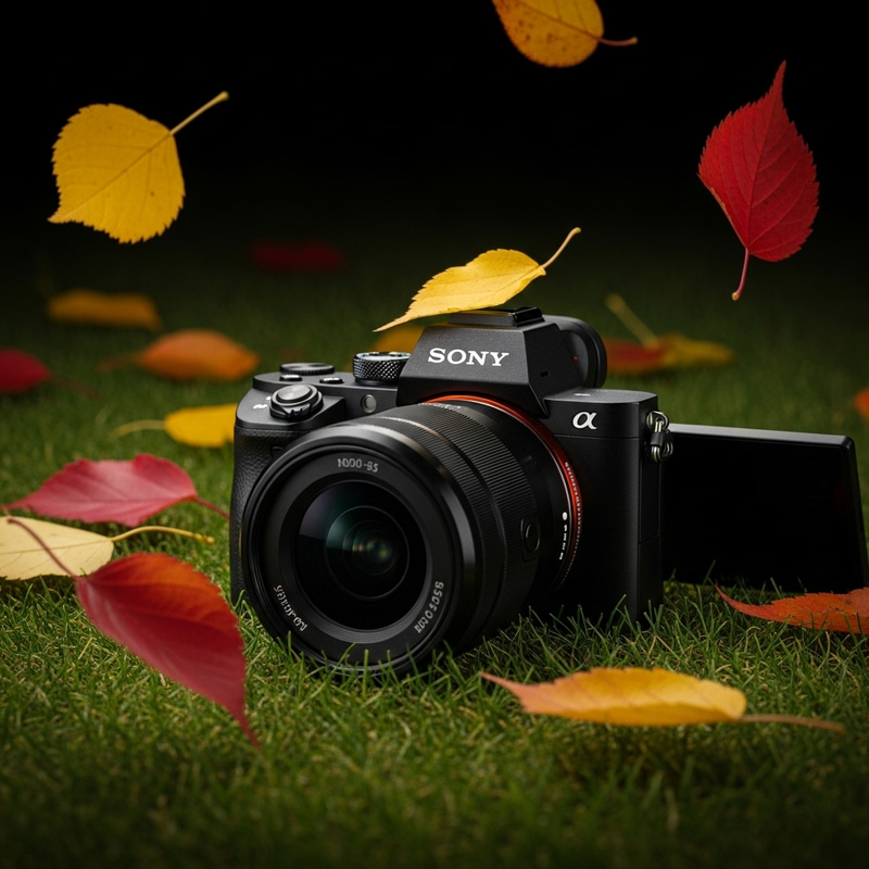 Sony A6300 Camera on Grassy Ground with Falling Autumn Leaves