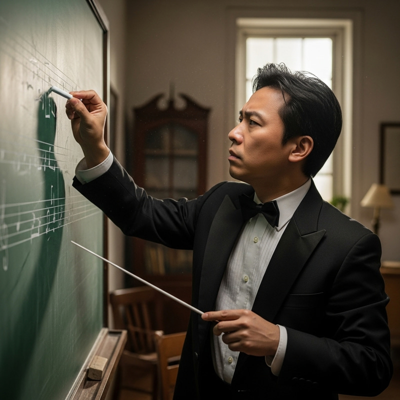 Asian Maestro Composing Music at Chalkboard Asian Maestro Composing Music at Chalkboard