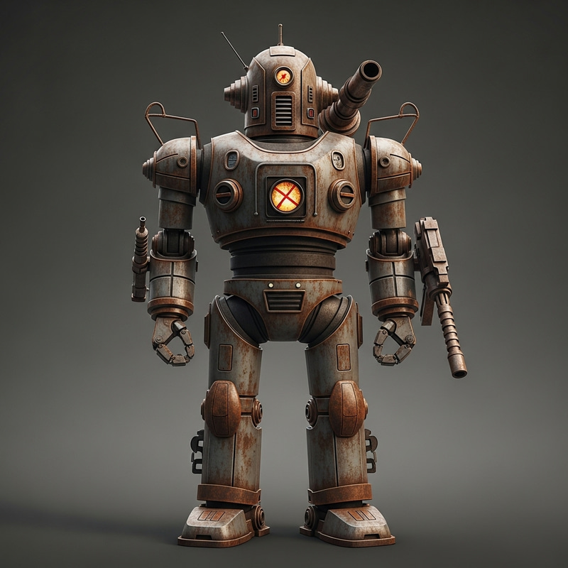 Retro Rusty Robot with Height and Vintage Weapons Retro Rusty Robot with Height and Vintage Weapons