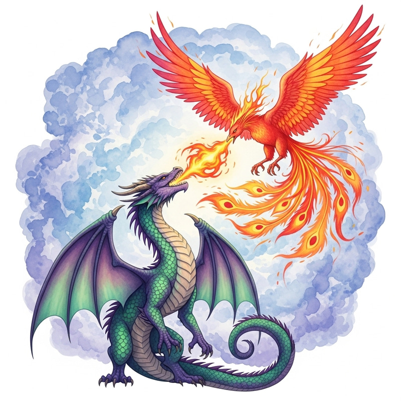 Majestic Purple Dragon Breathing Fire in Watercolor Majestic Purple Dragon Breathing Fire in Watercolor