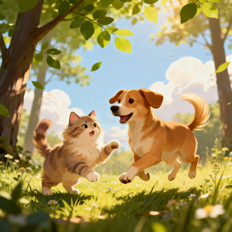 Cute Cat and Dog Playing in the Forest Cute Cat and Dog Playing in the Forest