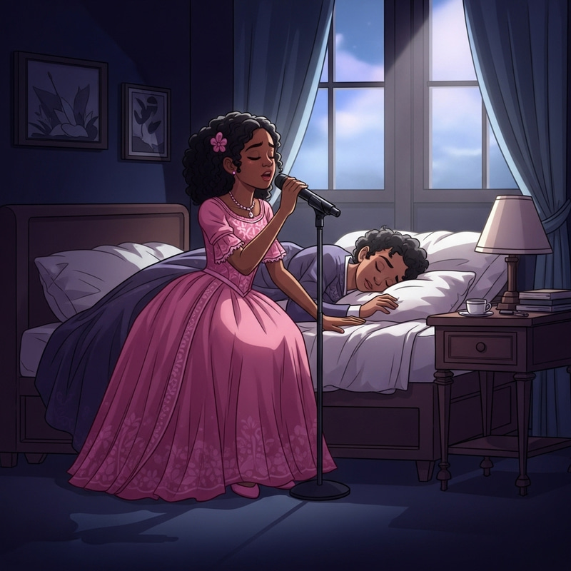 Dreamy Midnight Hours: Girl Singing In Vivid Pink Gown