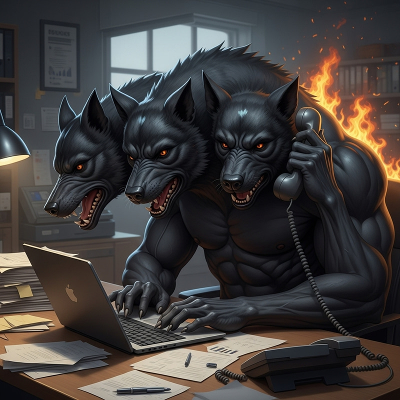 Angry Cerberus in Black Work - Myth Meets Office Life