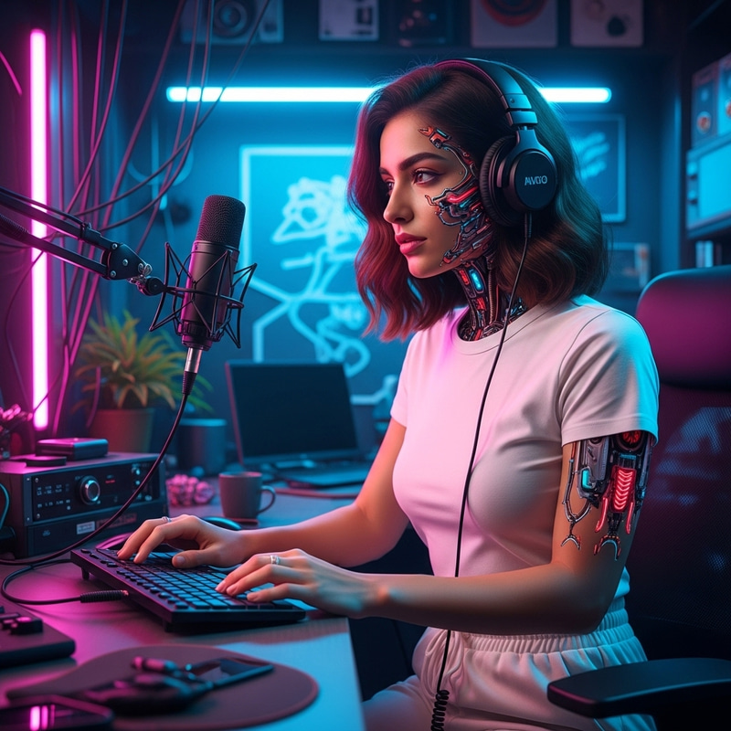 Futuristic Middle Eastern Woman with Cybernetic Half-Robot Face Podcasting Futuristic Middle Eastern Woman with Cybernetic Half-Robot Face Podcasting