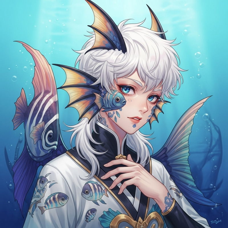 Anime Boy with Vibrant White Hair and Fish Fin-Shaped Ears | Angel Fish-Inspired Design Anime Boy with Vibrant White Hair and Fish Fin-Shaped Ears | Angel Fish-Inspired Design