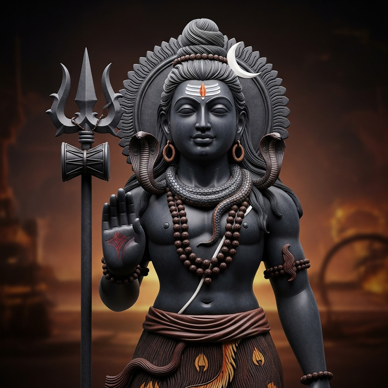 Intricately Carved Mahadev Statue with Trident and Traditional Accessories Intricately Carved Mahadev Statue with Trident and Traditional Accessories