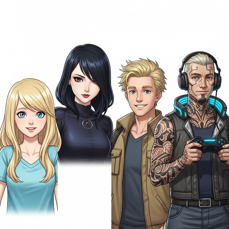 Blonde Girl, Black Hair Girl, Blonde Guy, Tattooed Gamer Cyberpunk Characters Blonde Girl, Black Hair Girl, Blonde Guy, Tattooed Gamer Cyberpunk Characters
