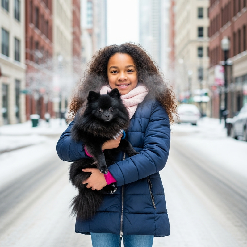 8-Year-Old African American Girl & Her Pomeranian Enjoy Winter in Chicago