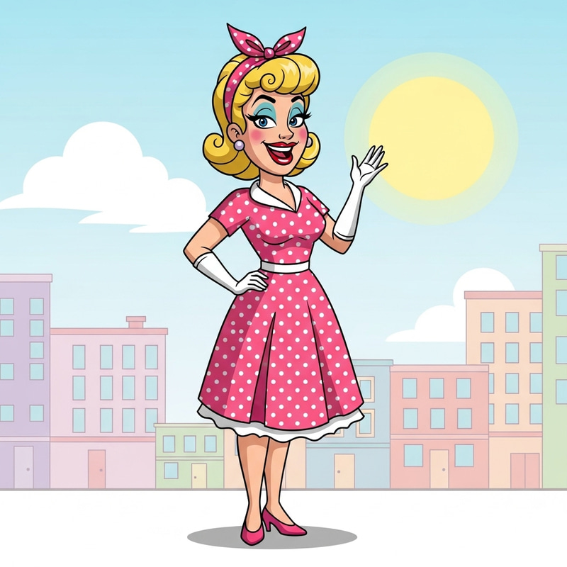 1950s Cartoon Character 'Bimbo' in Pink & White Polka Dot Dress