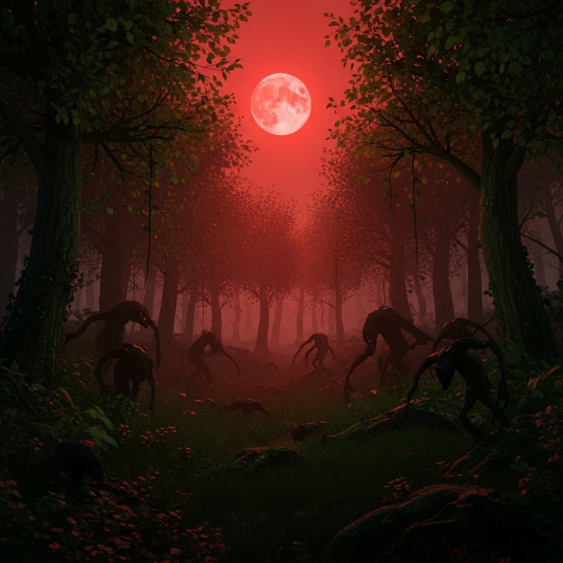 Enchanted Forest under Blood-Red Moon | Surreal Creatures Enchanted Forest under Blood-Red Moon | Surreal Creatures