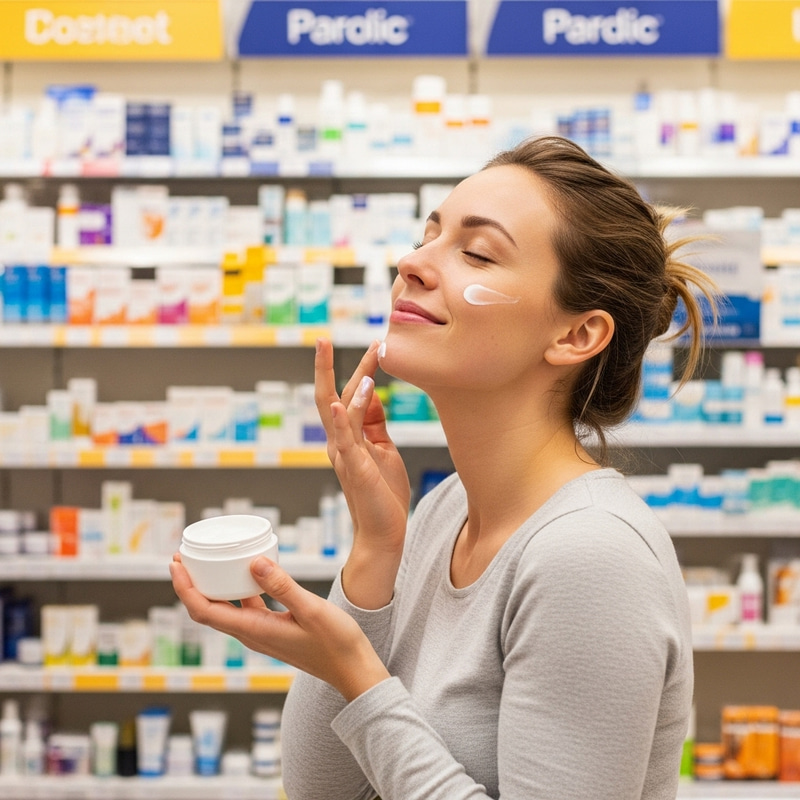 Woman Applying Face Cream - Happy Moment in a Pharmacy Woman Applying Face Cream - Happy Moment in a Pharmacy