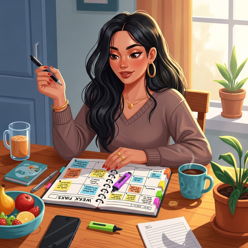 Beautiful Young Woman Using Weekly Planner | Kitchen Table Art Beautiful Young Woman Using Weekly Planner | Kitchen Table Art