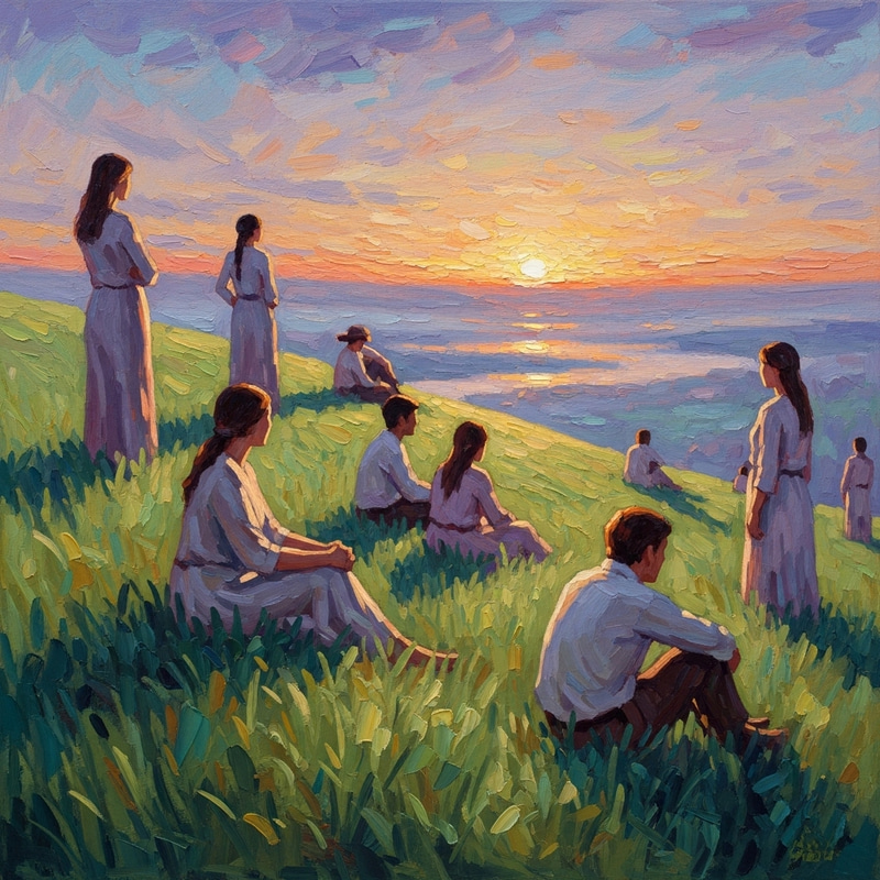 Impressionistic Diverse Figures in Dreamlike Sunset Landscape Impressionistic Diverse Figures in Dreamlike Sunset Landscape