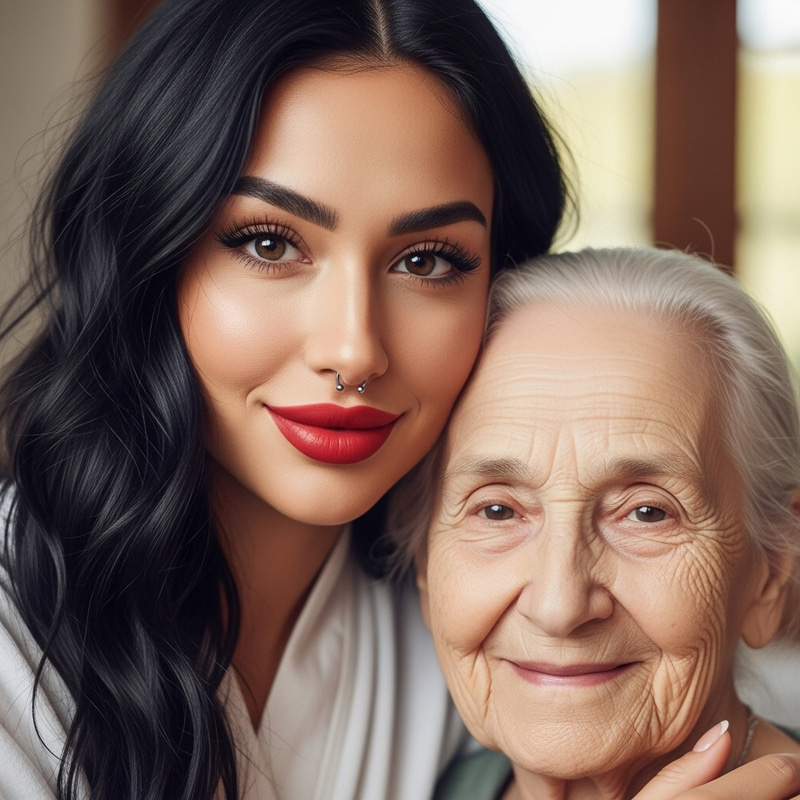 Emotional Scene: Young Woman Embracing Elderly Person in White Robe Emotional Scene: Young Woman Embracing Elderly Person in White Robe