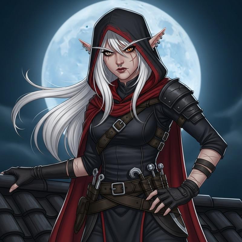 Fierce Half-Elf Rogue on Rooftop | Nighttime Moon Scene