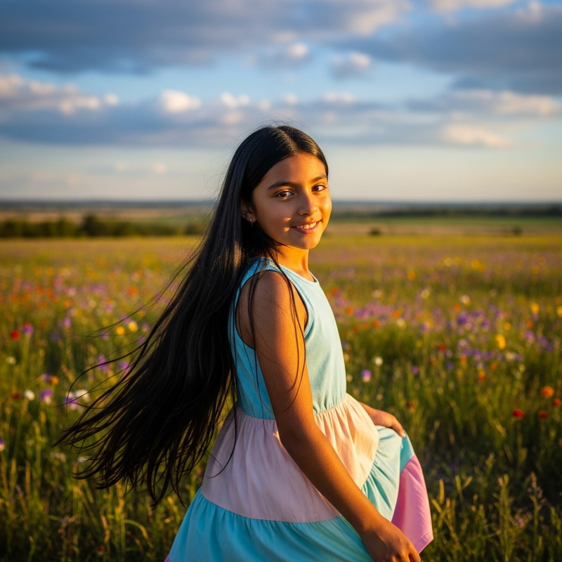 Beautiful Girl with Long Black Hair in Sunlit Field Beautiful Girl with Long Black Hair in Sunlit Field