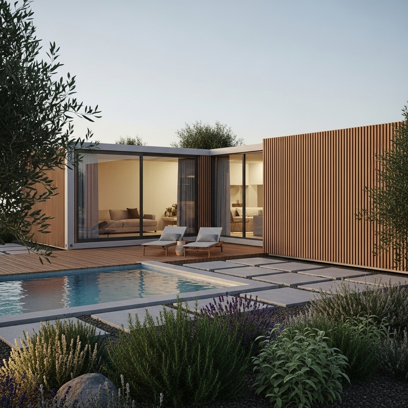 Stylish L-Shaped Minimalist House with Anthracite Windows and Wooden Slats