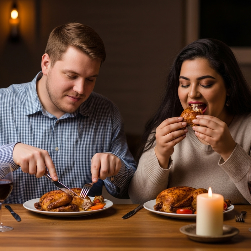 Cozy Joy: Overweight Couple savoring Roasted Chicken Meal Cozy Joy: Overweight Couple savoring Roasted Chicken Meal
