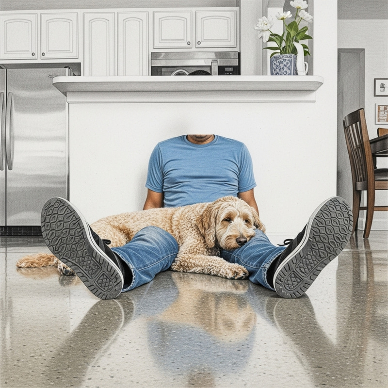 Labradoodle Relaxing Between Owner's Legs on Concrete Floor Labradoodle Relaxing Between Owner's Legs on Concrete Floor