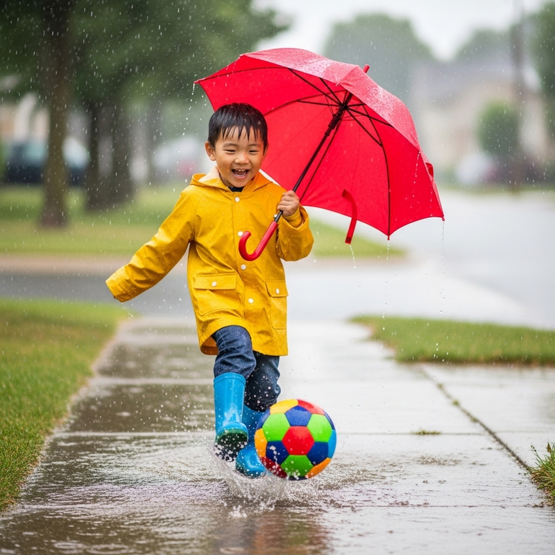 Adorable Child Playing Soccer in the Rain Adorable Child Playing Soccer in the Rain