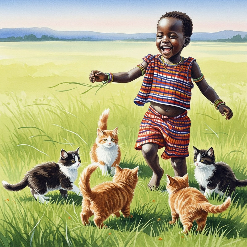 African Child Playing with Kittens in Field